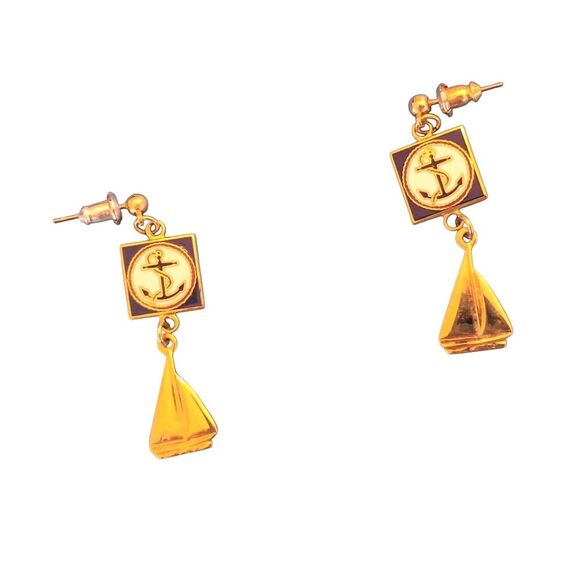 Vintage Nautical Drop Earrings Anchor Sailboat Enamel Gold Tone 1.5" Drop in Box - Picture 12 of 12